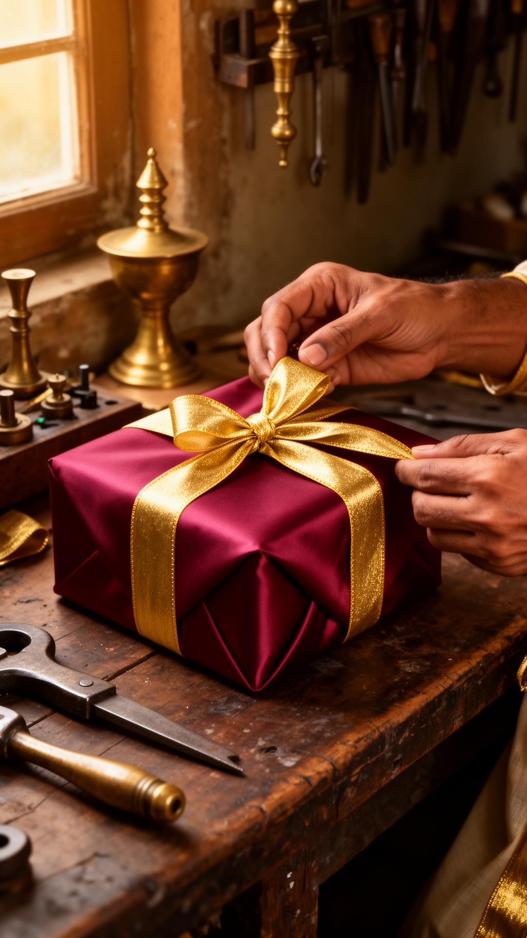 Master artisan at work, wrapping a luxury gift in maroon silk and gold ribbon